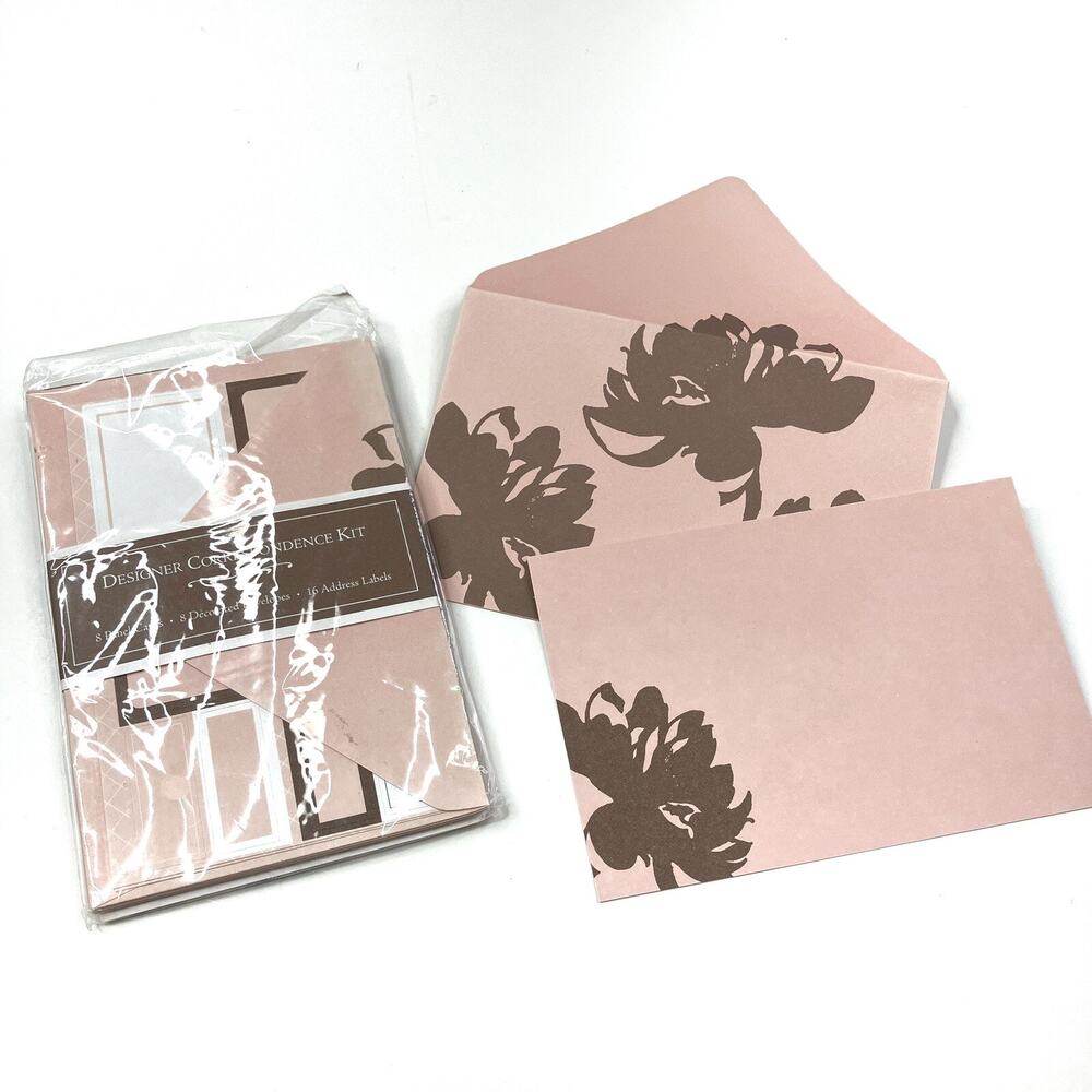 Aria Designer Correspondence Kit- 8 Cards, Envelopes, Labels- Pink/Brown Floral
